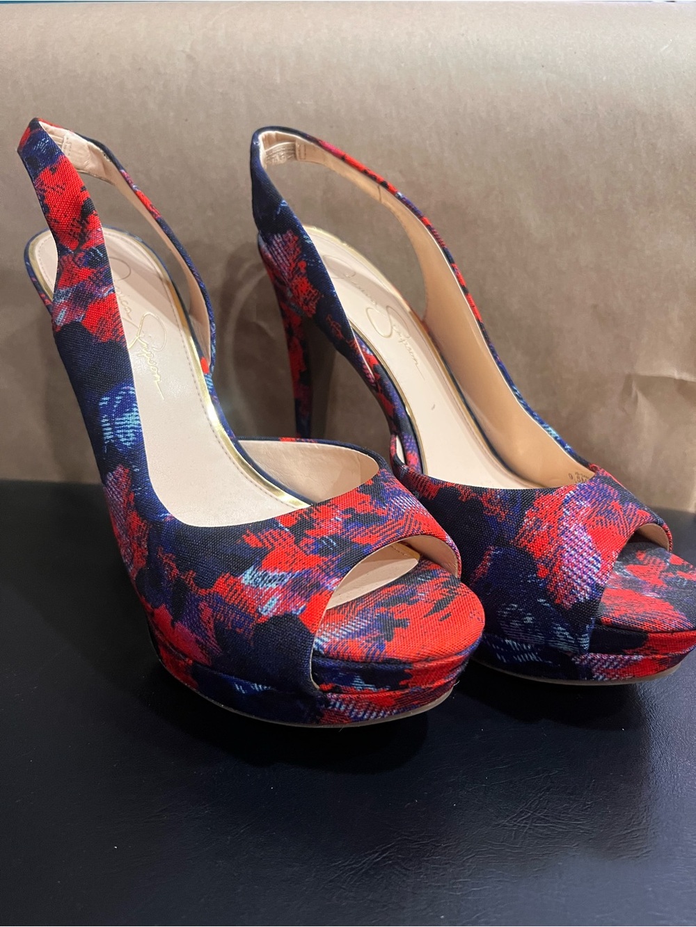 Jessica Simpson Red and Navy Floral Peep-Toe Platform Slingback Heels